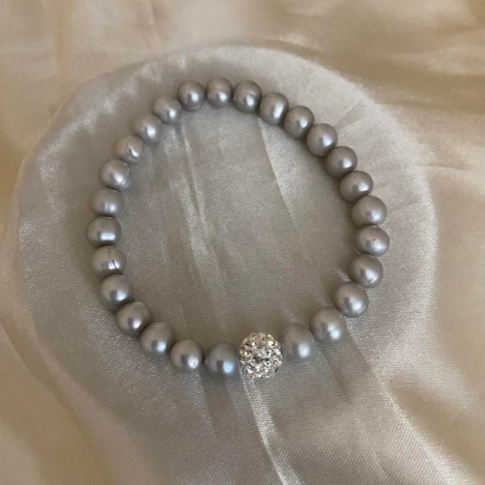 Gray Baroque Freshwater Pearl Stretch Pearl Rhinestone Pavé Accent Bracelet